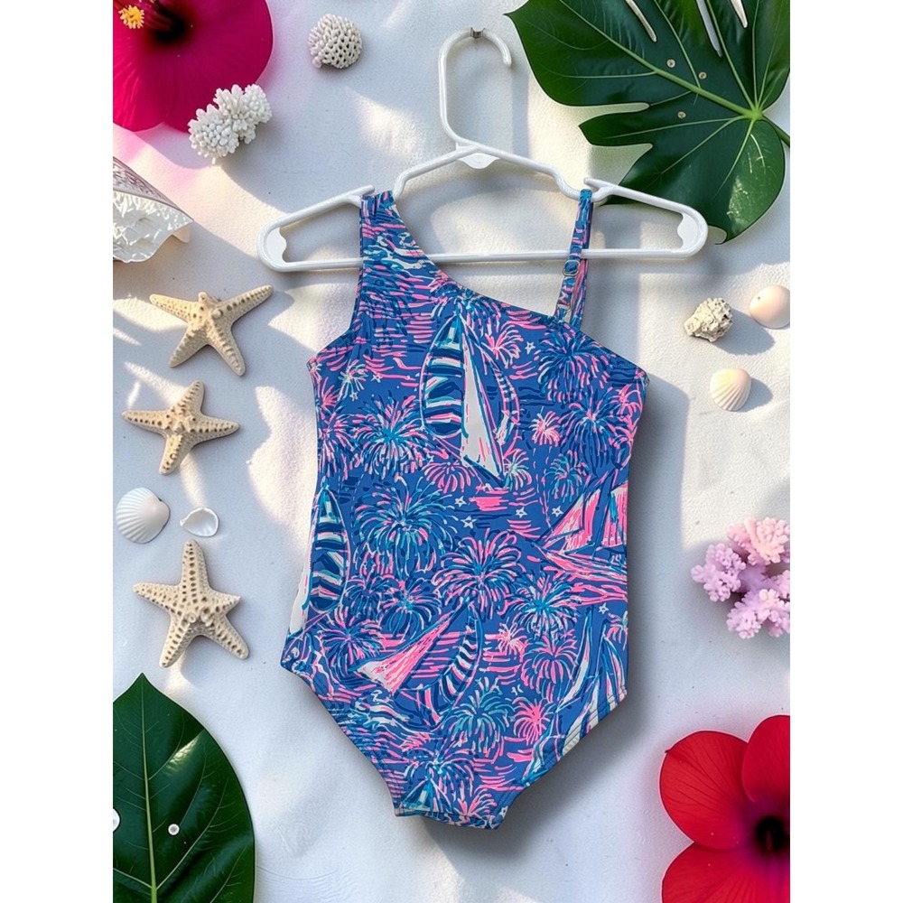 Lilly Pulitzer Girls One Piece Swimsuit Blue Pink Sailboat Palm Tree Print Sz 2